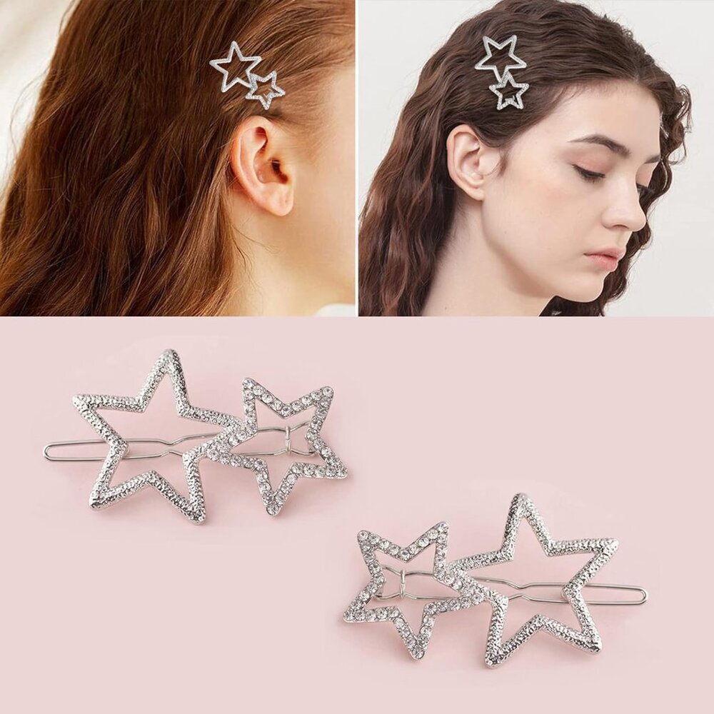 2Pcs Hollow Star Hair Clips, Non-Slip Metal Geometric Hairpin, Elegant Rhineston - Picture 2 of 6